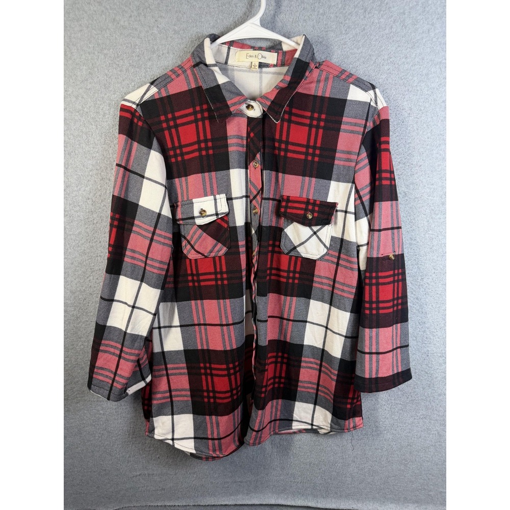 Eden & Olivia Shirt Womens Large Red Plaid Flannel Button Up 3/4 Sleeve Top